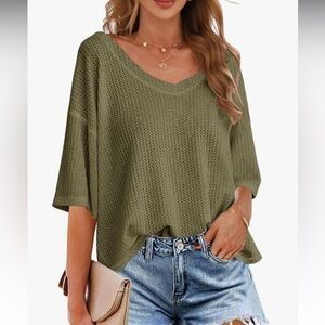 Women's V Neck Batwing Half Sleeve Shirts Waffle Knit Loose Blouse Solid Color